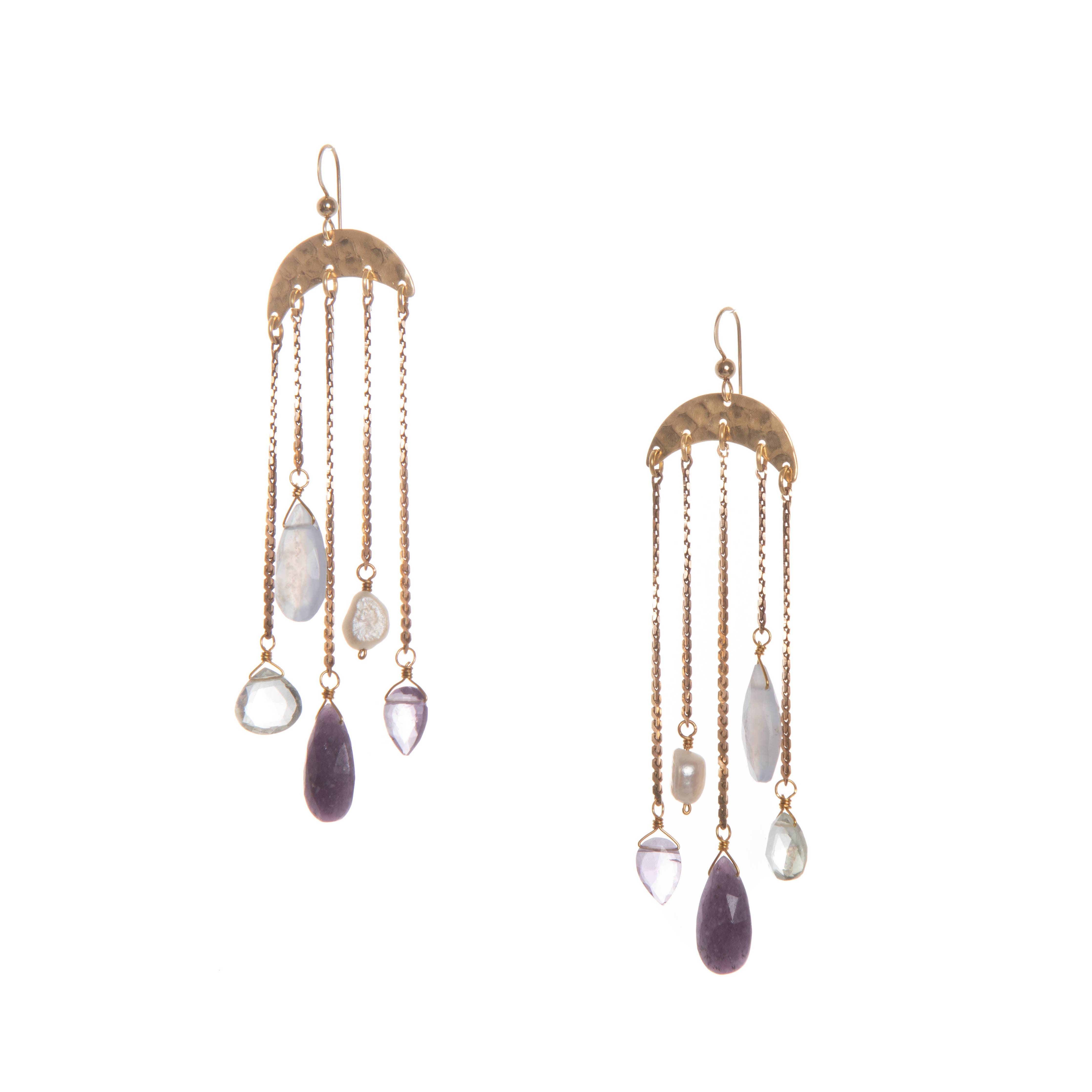 Umbrella Earrings featuring hammered brass "umbrellas" with gemstone and Freshwater Pearl drops descending from vintage brass chains below.