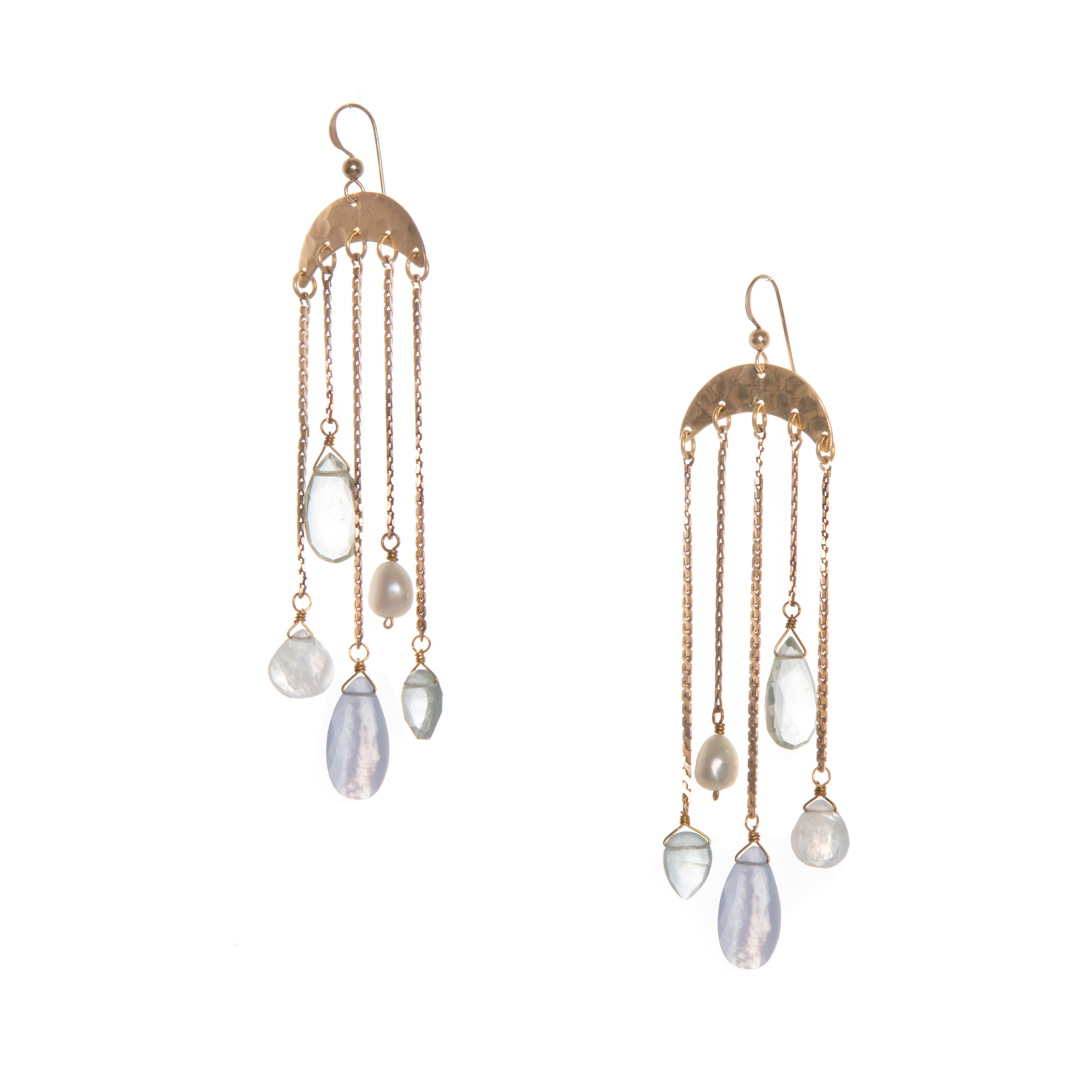 Umbrella Earrings featuring hammered brass "umbrellas" with gemstone and Freshwater Pearl drops descending from vintage brass chains below.