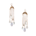 Umbrella Earrings featuring hammered brass "umbrellas" with gemstone and Freshwater Pearl drops descending from vintage brass chains below.