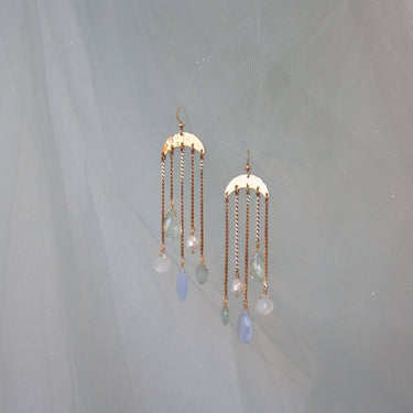 Umbrella Earrings featuring hammered brass "umbrellas" with gemstone and Freshwater Pearl drops descending from vintage brass chains below.