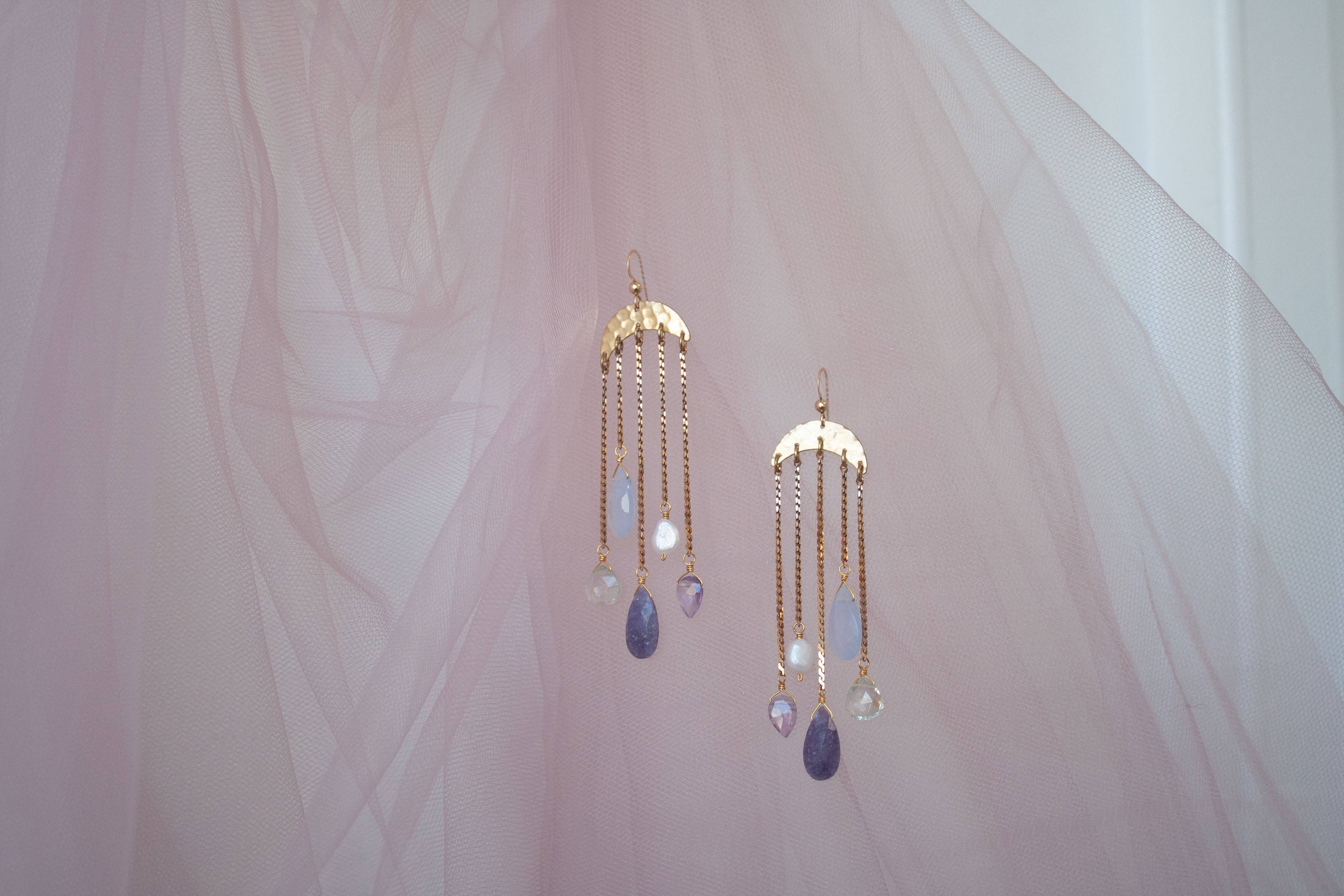 Umbrella Earrings featuring hammered brass "umbrellas" with gemstone and Freshwater Pearl drops descending from vintage brass chains below.