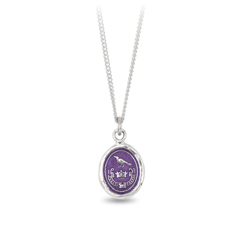 Sterling Silver necklace with a Violet background under a talisman depicting a raven standing over a crown with a banner reading "Flecti Non Frangi"