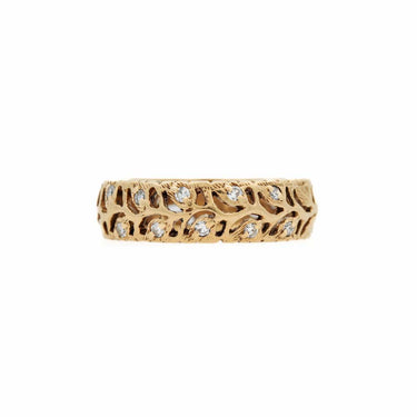 Vintage 14ky Gold - 5.7mm Band w/ Leaf Pattern and 10x 1.5mm Diamonds
