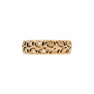 Vintage 14ky Gold - 5.7mm Band w/ Leaf Pattern and 10x 1.5mm Diamonds