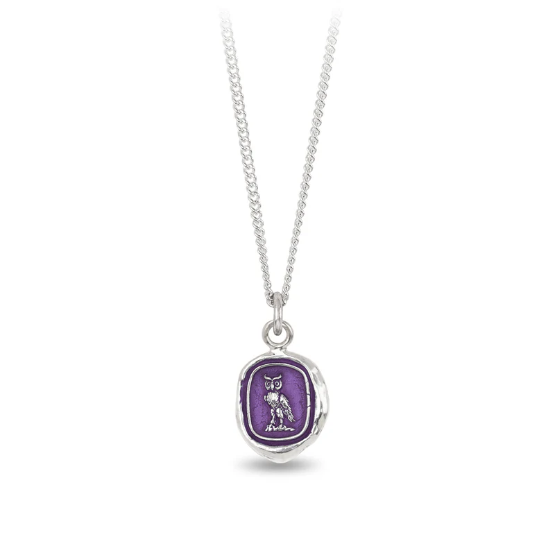 Sterling Silver Necklace with a violet background under a talisman depicting An Owl standing on its legs