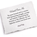 A Pyrrha note describing the Watch over me talisman. It reads, "The great horned owl is a warrior bird representing strength, courage, and wisdom. Depicted facing forward on this talisman, the owl vigilantly watches over loved ones."