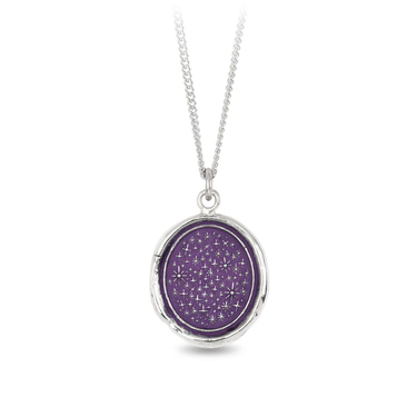Sterling Silver Necklace with a violet background under a talisman depicting a vast sea of stars