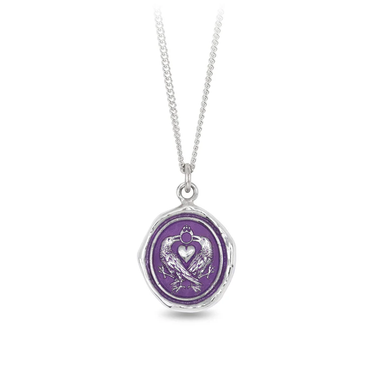 Sterling Silver necklace with a violet background under a talisman depicting two ravens side by side with a heart between them with a ring connecting at the top