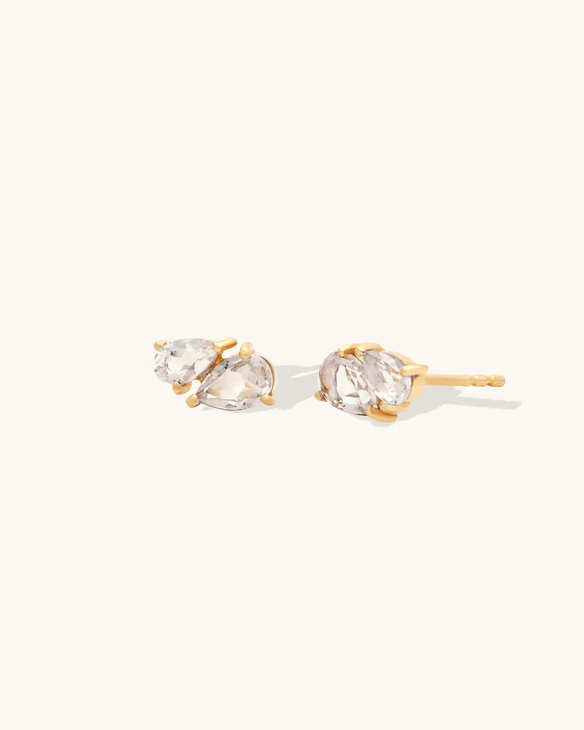 14k Yellow gold plated sterling silver studs  with a pear cut white topaz gemstone 