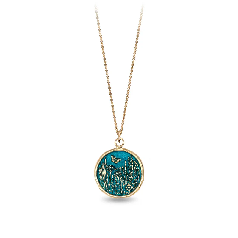 14k Yellow gold talisman Necklace with a bright Blue background depicting a Butterfly flying over a field of varying flora and plants