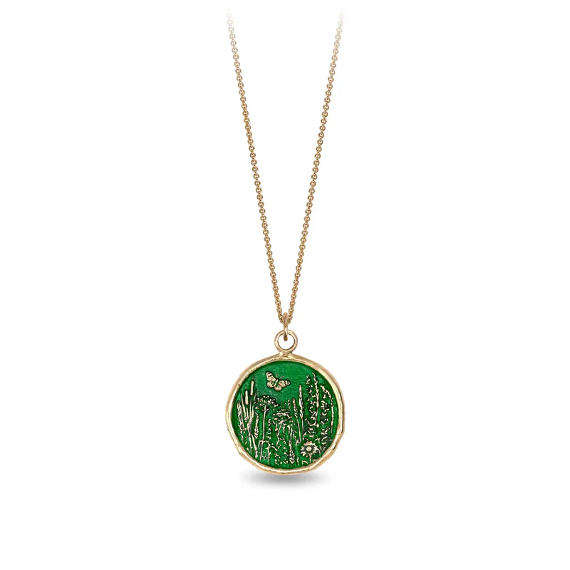 14k Yellow gold talisman Necklace with a bright green background depicting a Butterfly flying over a field of varying flora and plants