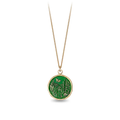 14k Yellow gold talisman Necklace with a bright green background depicting a Butterfly flying over a field of varying flora and plants