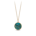 14k Yellow gold talisman Necklace with a bright Blue background depicting a Butterfly flying over a field of varying flora and plants
