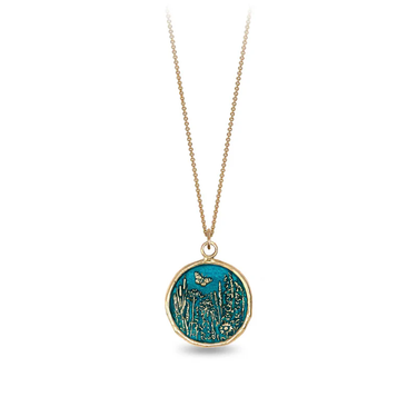14k Yellow gold talisman Necklace with a bright Blue background depicting a Butterfly flying over a field of varying flora and plants