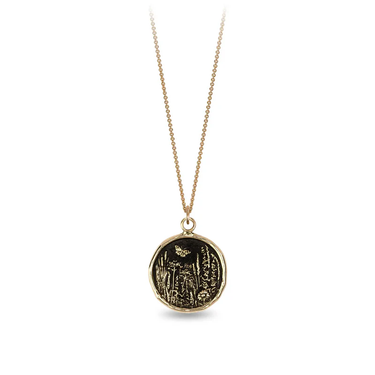 14k Yellow gold talisman Necklace depicting a Butterfly flying over a field of varying flora and plants