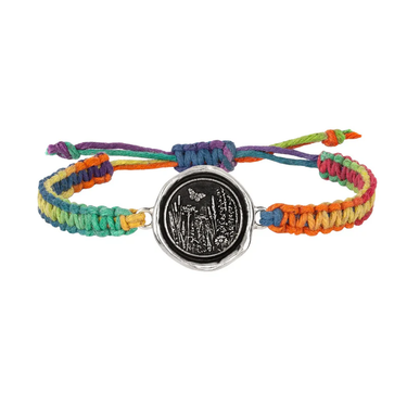 Rainbow Braided Bracelet with a Sterling Silver talisman depicting a butterfly flying above a field of various flora and grass