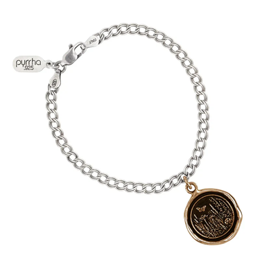 Bronze chain Bracelet with a talisman depicting a Butterfly above a large field of flowers and plants.