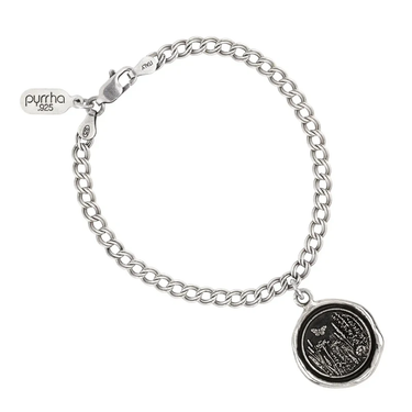 Sterling Silver chain Bracelet with a talisman depicting a Butterfly above a large field of flowers and plants.