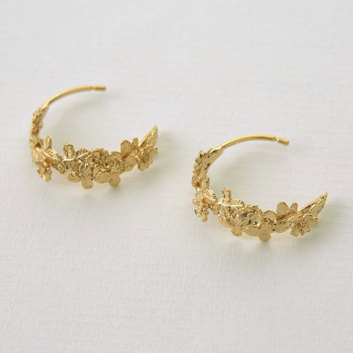 Gold Plated Silver Wide Hoop Earrings with a Wreath Gold Flowers