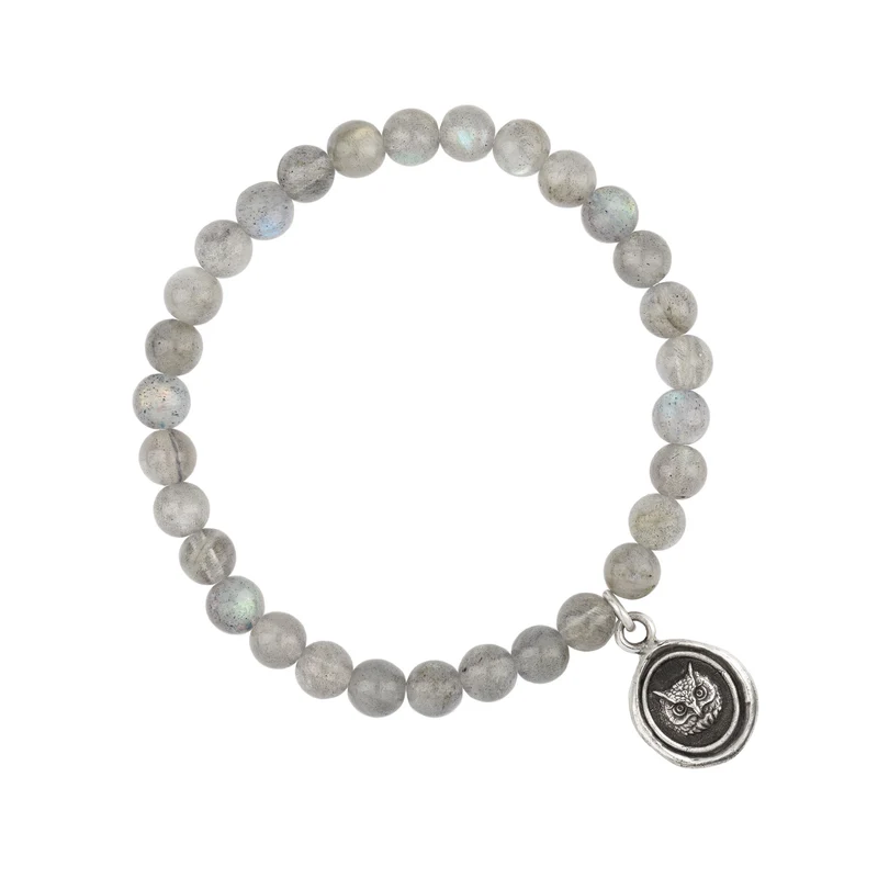 Bracelet made from Labradorite beads, with Sterling Silver Talisman depicting an Owl