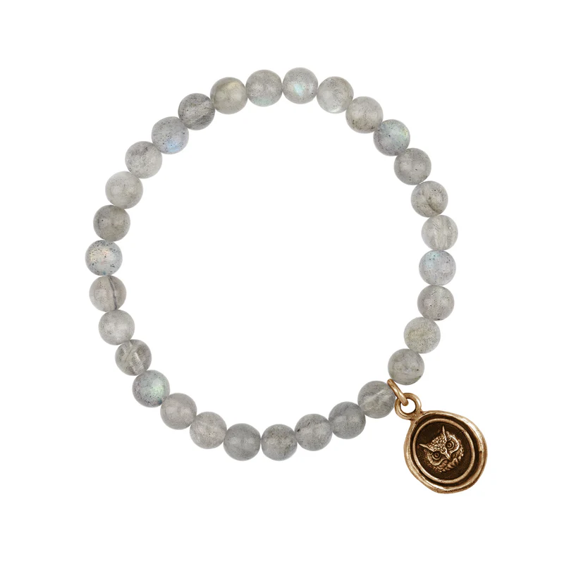 Bracelet made from Labradorite beads, with Bronze Talisman depicting an Owl