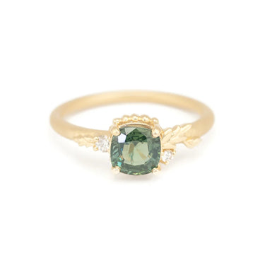 Wood Nymph Daphne Ring w/ 1.07ct Cushion Cut Teal Sapphire