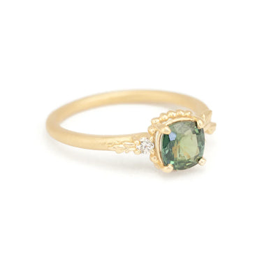 Wood Nymph Daphne Ring w/ 1.07ct Cushion Cut Teal Sapphire