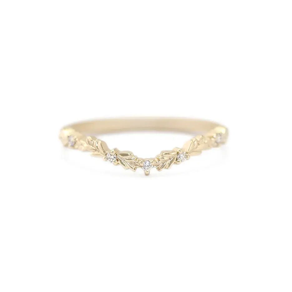 18k Yellow Gold Slender V Ring with Petite Diamonds Studded Throughout