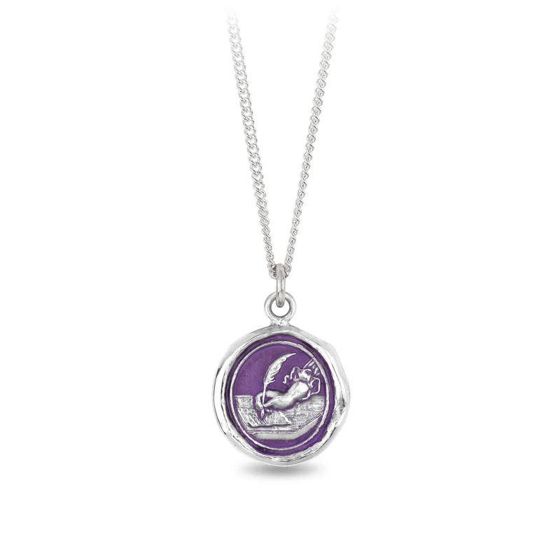 Sterling Silver Necklace with a violet background under a talisman depicting A hand with a writers quill writing on a piece of paper