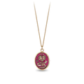 14k Yellow gold talisman necklace with a bright red background depicting a Large lock in the shape on a heart above a key with a ribbon that says "You Hold The key"