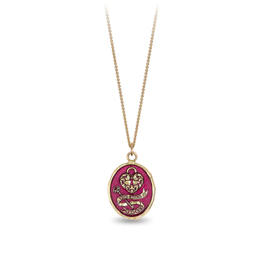 14k Yellow gold talisman necklace with a bright red background depicting a Large lock in the shape on a heart above a key with a ribbon that says "You Hold The key"