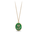 14k Yellow gold talisman necklace with a bright green background depicting a Large lock in the shape on a heart above a key with a ribbon that says "You Hold The key"