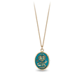 14k Yellow gold talisman necklace with a bright Blue background depicting a Large lock in the shape on a heart above a key with a ribbon that says "You Hold The key"