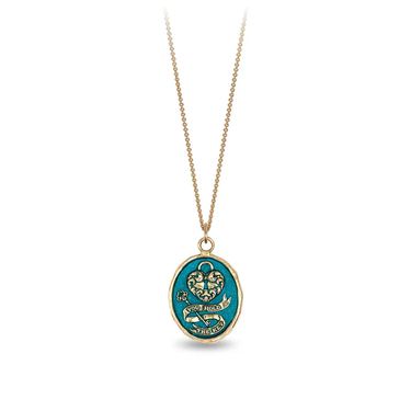 14k Yellow gold talisman necklace with a bright Blue background depicting a Large lock in the shape on a heart above a key with a ribbon that says "You Hold The key"