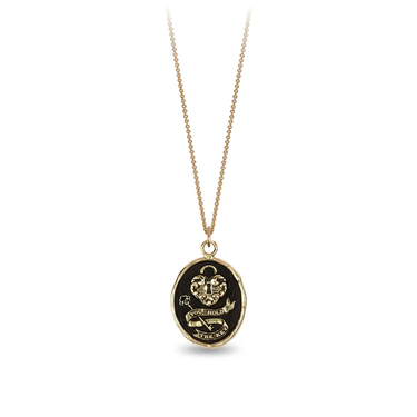 14k Yellow gold talisman necklace depicting a Large lock in the shape on a heart above a key with a ribbon that says "You Hold The key"