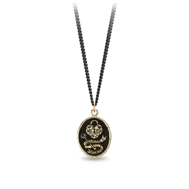 Black Sterling SIlver necklace with a 14k yellow gold talisman depicting a Large lock in the shape on a heart above a key with a ribbon that says "You Hold The key"