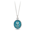 Sterling Silver talisman with a light blue background depicting a heart with a lock on it, above a key surrounded by a ribbon with the words, "you hold the key" written on it