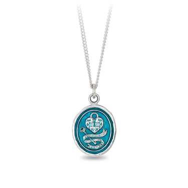 Sterling Silver talisman with a light blue background depicting a heart with a lock on it, above a key surrounded by a ribbon with the words, "you hold the key" written on it