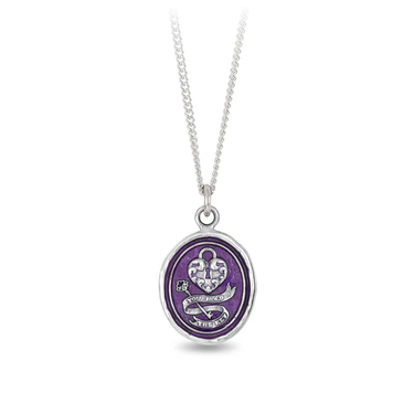 Sterling Silver talisman with a light purple background depicting a heart with a lock on it, above a key surrounded by a ribbon with the words, "you hold the key" written on it
