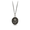 Sterling Silver talisman depicting a heart with a lock on it, above a key surrounded by a ribbon with the words, "you hold the key" written on it