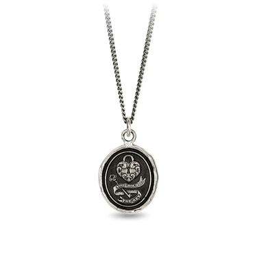 Sterling Silver talisman depicting a heart with a lock on it, above a key surrounded by a ribbon with the words, "you hold the key" written on it