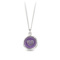 Sterling Silver necklace with a violet background under a talisman depicting a heart wrapped in ribbons that read out, "you live in my heart"