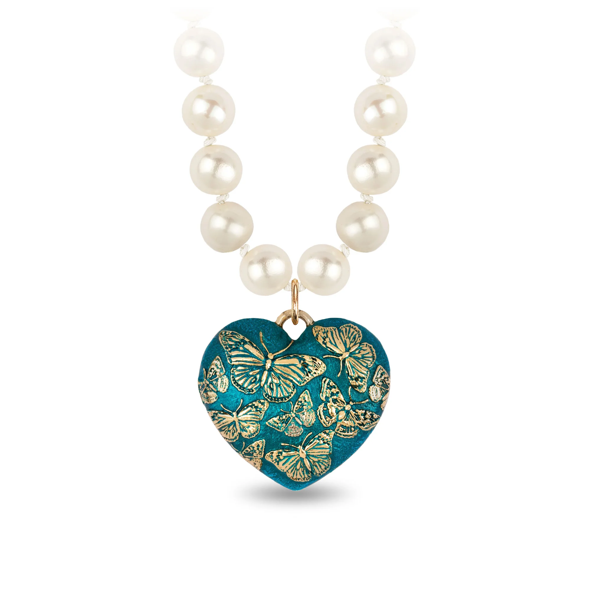 Butterfly 14K Gold Large Puffed Heart Talisman On Knotted Freshwater Pearl Necklace - True Colors | Magpie Jewellery
