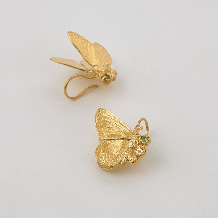 Gold Butterfly with Tsavorite Stone - Hook Earrings