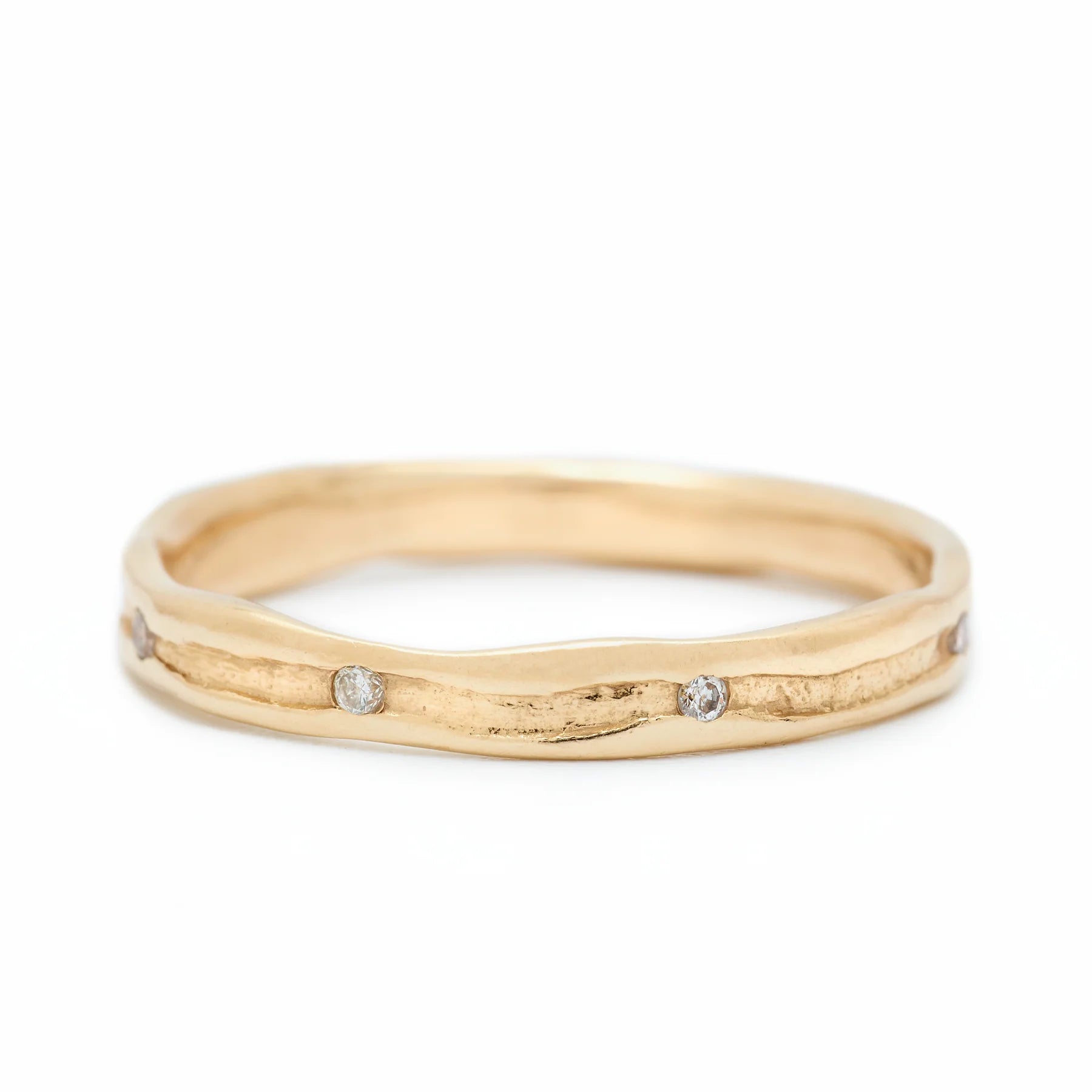 Trough Ring with Seven Diamonds - 14k Fairmined Yellow Gold Band with trough engraved throughout centre of band featuring seven diamonds