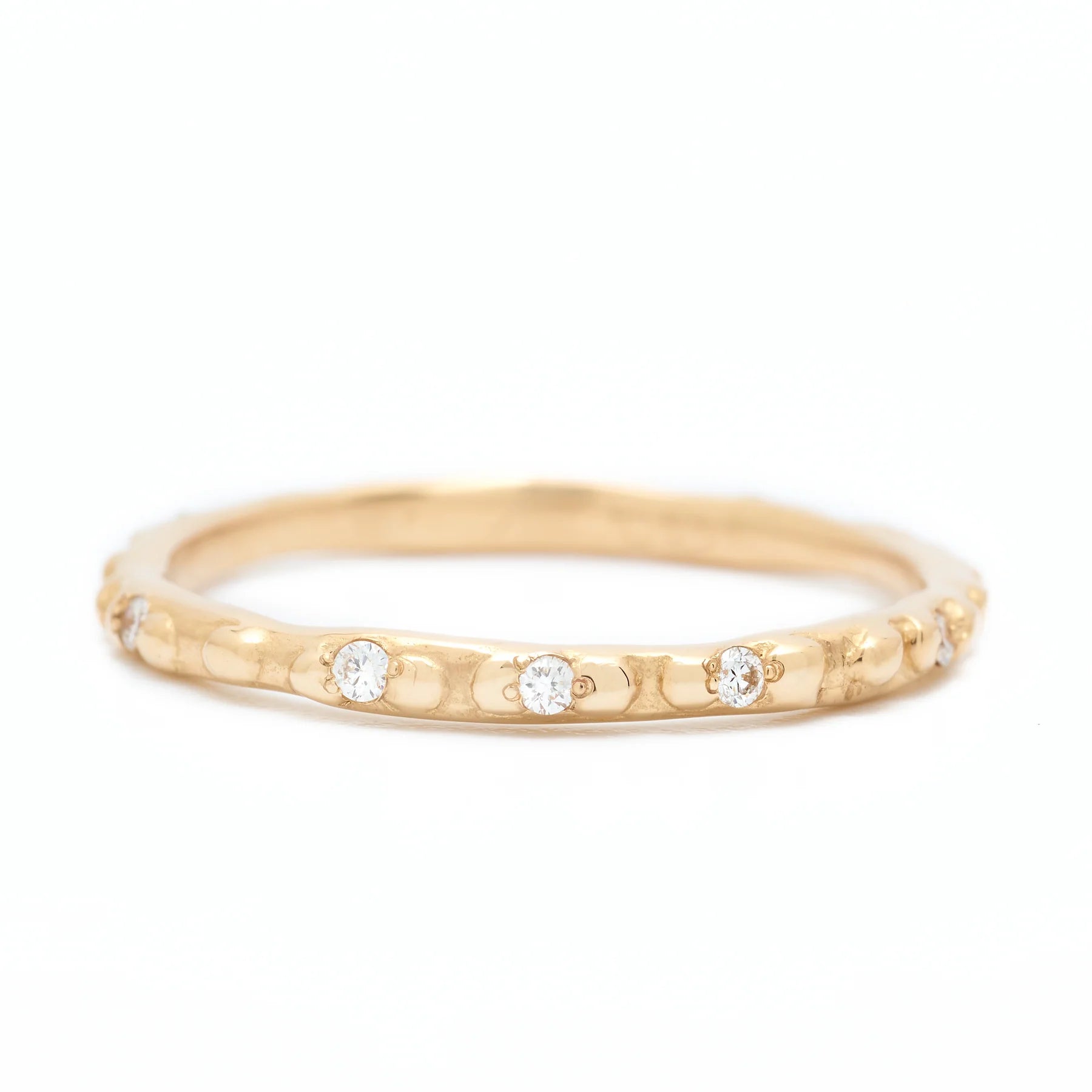 Dotty Ring with Nine Diamonds - 14k Fairmined Yellow Gold Band with 3D dots all around band, featuring nine diamonds