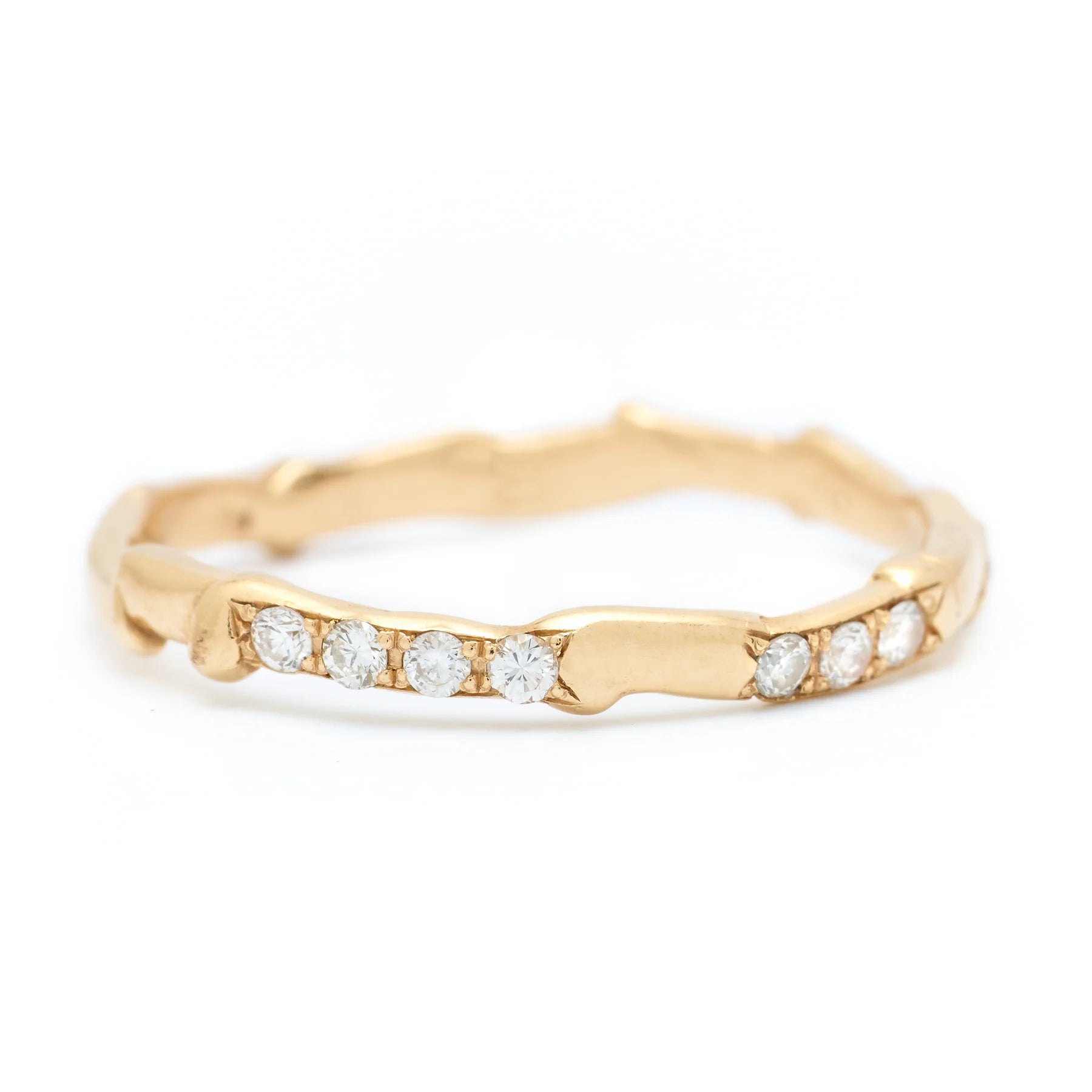 Thinnest Connector Ring with 14 Diamonds - 14k Fairmined Yellow Gold Band with organic and fluid texture, featuring 14 diamonds