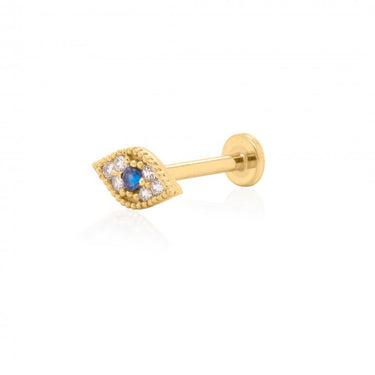 14k Gold Evil Eye With Blue CZ Flat Screwback Single Stud