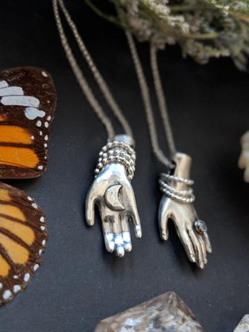 Hand Necklace with Moonstone Ring and Moon Palm - Magpie Jewellery