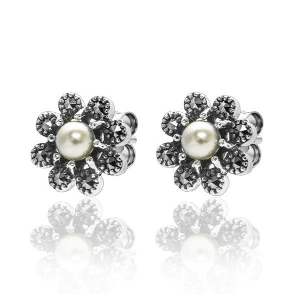 Marcasite Flower Pearl Studs - Magpie Jewellery